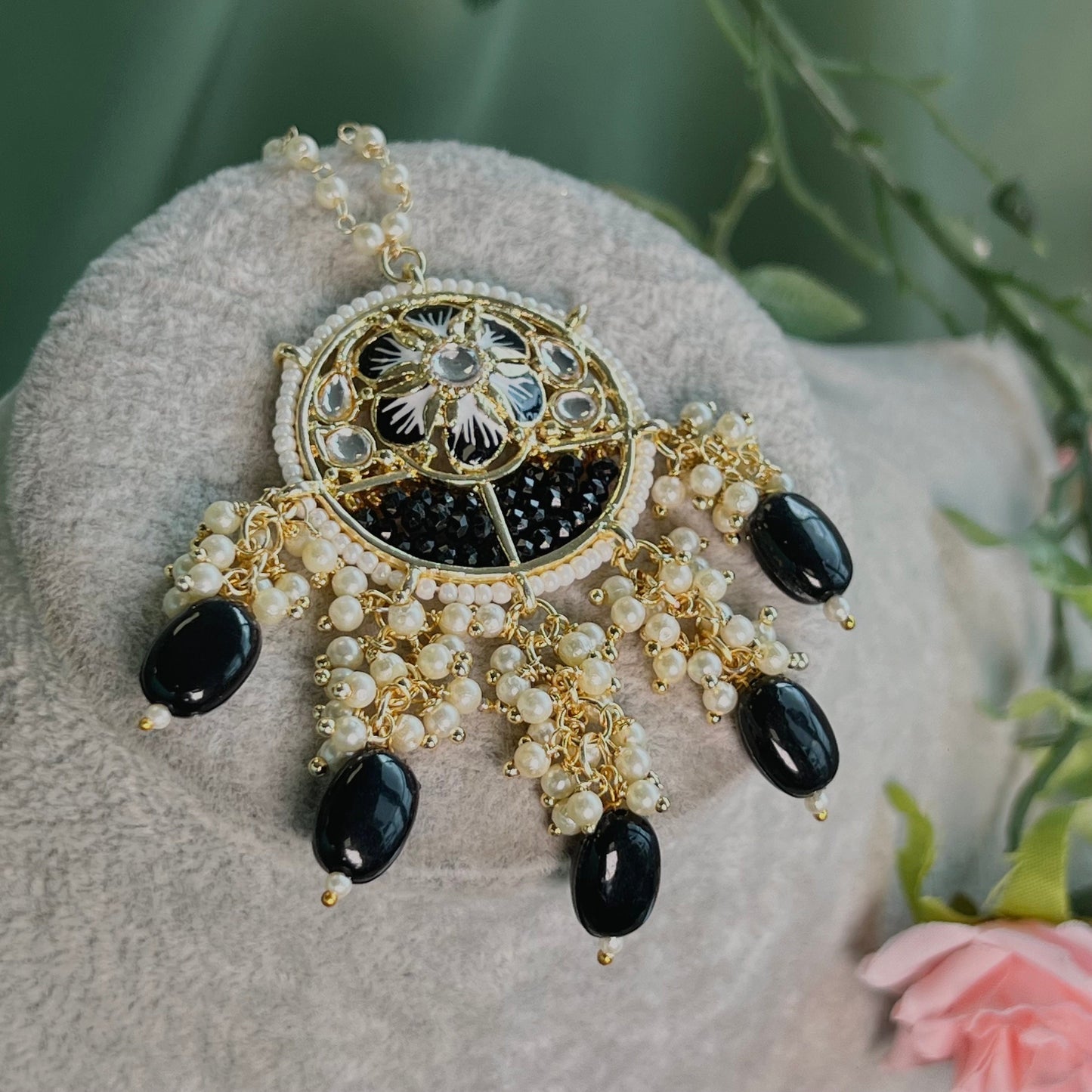Black Meenakari Tikka /Faux Kudan Pearl tikka/ Tikli/ Indian/ Pakistani Fashion Jewellery/ Maang Tikkas