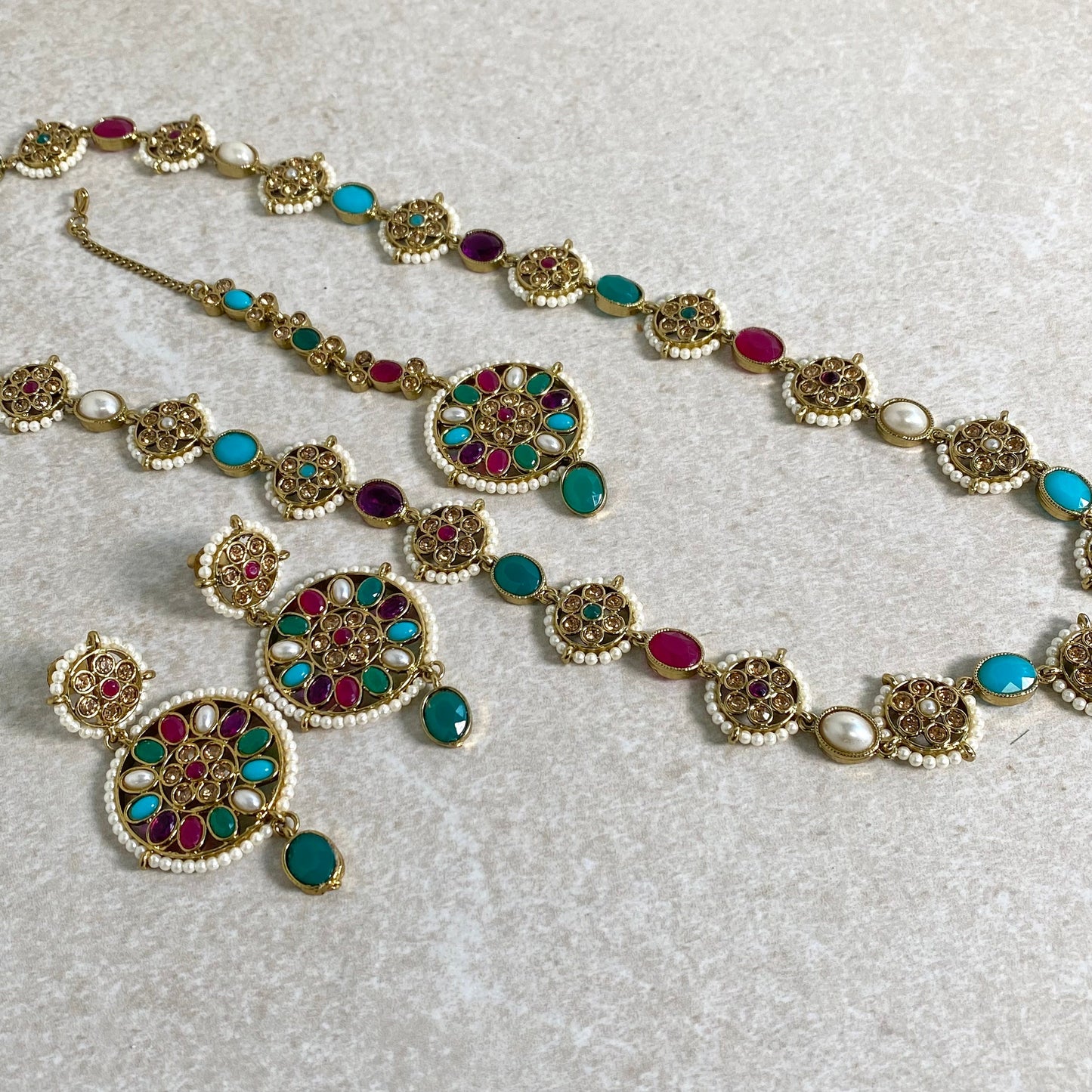 Multicolour/ Gold/ Pearl/ Crystal Indian Earrings and Tikka - Mint/ Flat Earring Indian/ Pakistani Style