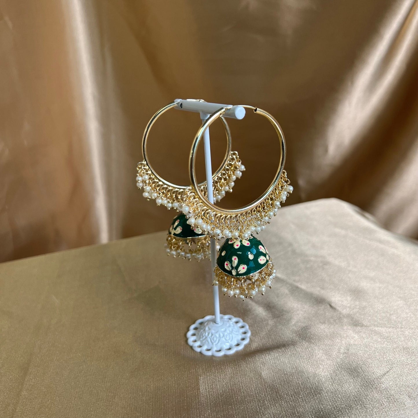 Meenakari/ Indian/ Pakistani Style/Green- Hand Painted Jhumka Hoop Earrings