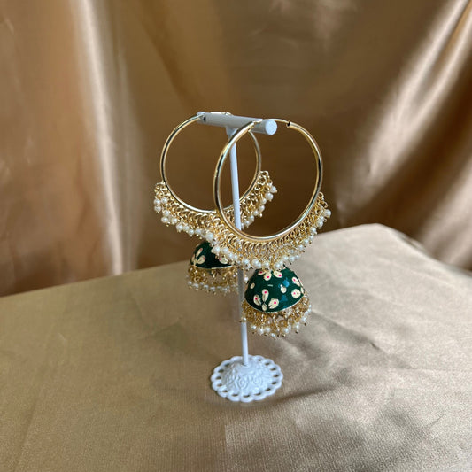 Meenakari/ Indian/ Pakistani Style/Green- Hand Painted Jhumka Hoop Earrings