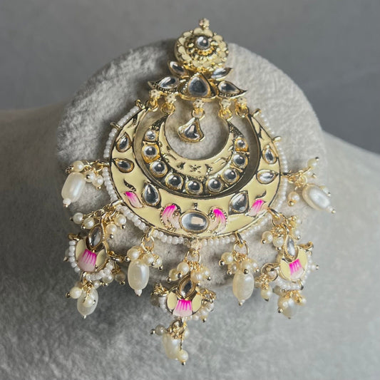Meenakari/Faux Kudan Large Tikka - Cream/Pink/ Tikli/ Indian/ Pakistani Fashion Jewellery/ Maang Tikkas