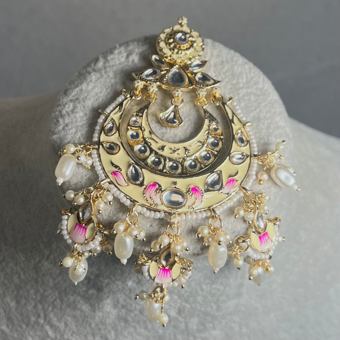 Meenakari/Faux Kudan Large Tikka - Cream/Pink/ Tikli/ Indian/ Pakistani Fashion Jewellery/ Maang Tikkas
