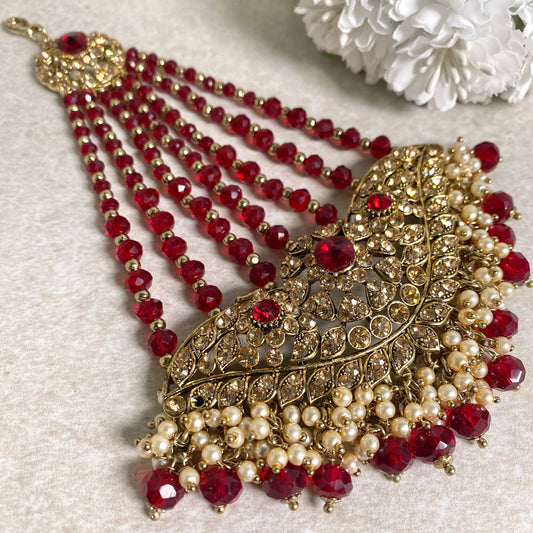 Jhumar/ Red/Maroon/Gold and Maroon/Golden Rhinestone/ Jhoomar / Passa/ Indian/ Pakistani Style/Headpieces