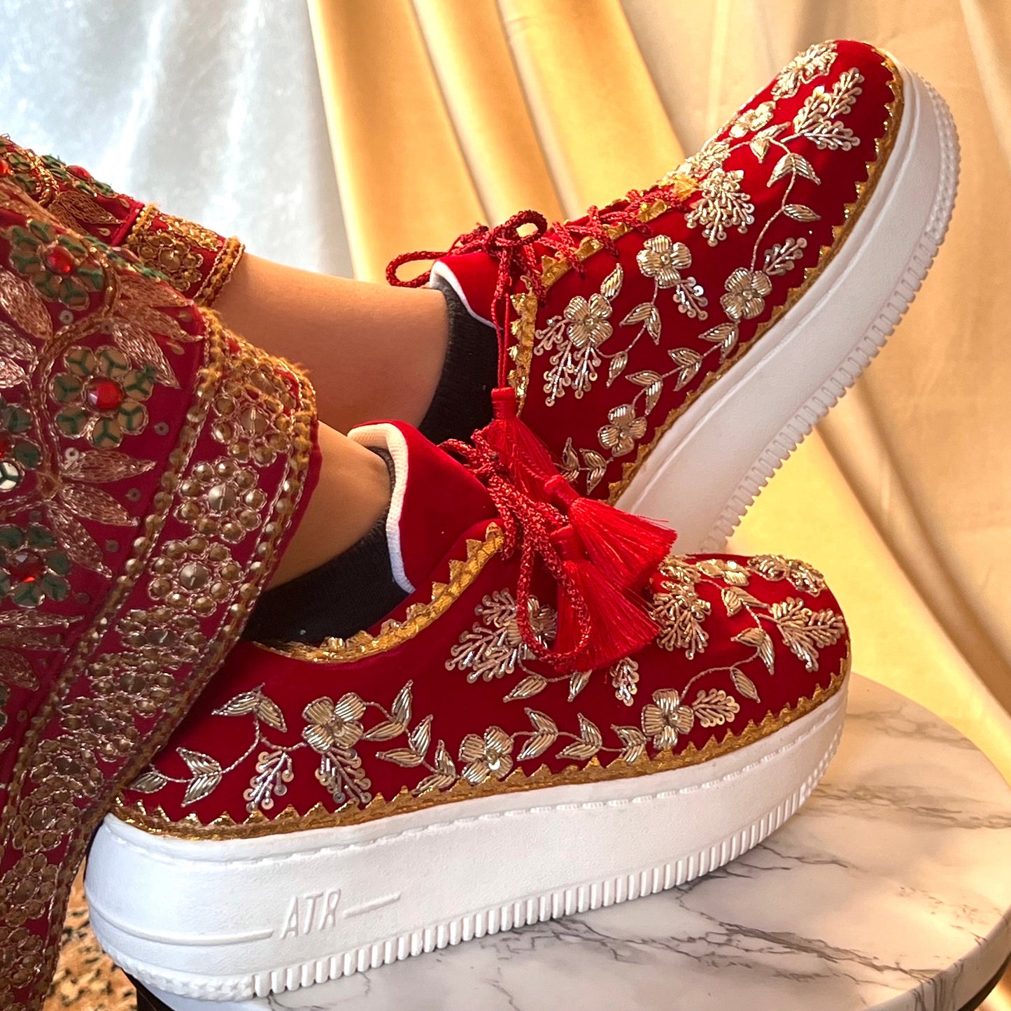 RED FLAT/Bridal Trainers/Sneakers/Indian/Pakistani/Asian Wedding/Heavily Embroidered/Lace Dance Shoes/Unique/Gift For Her/Hand Made Shoes/