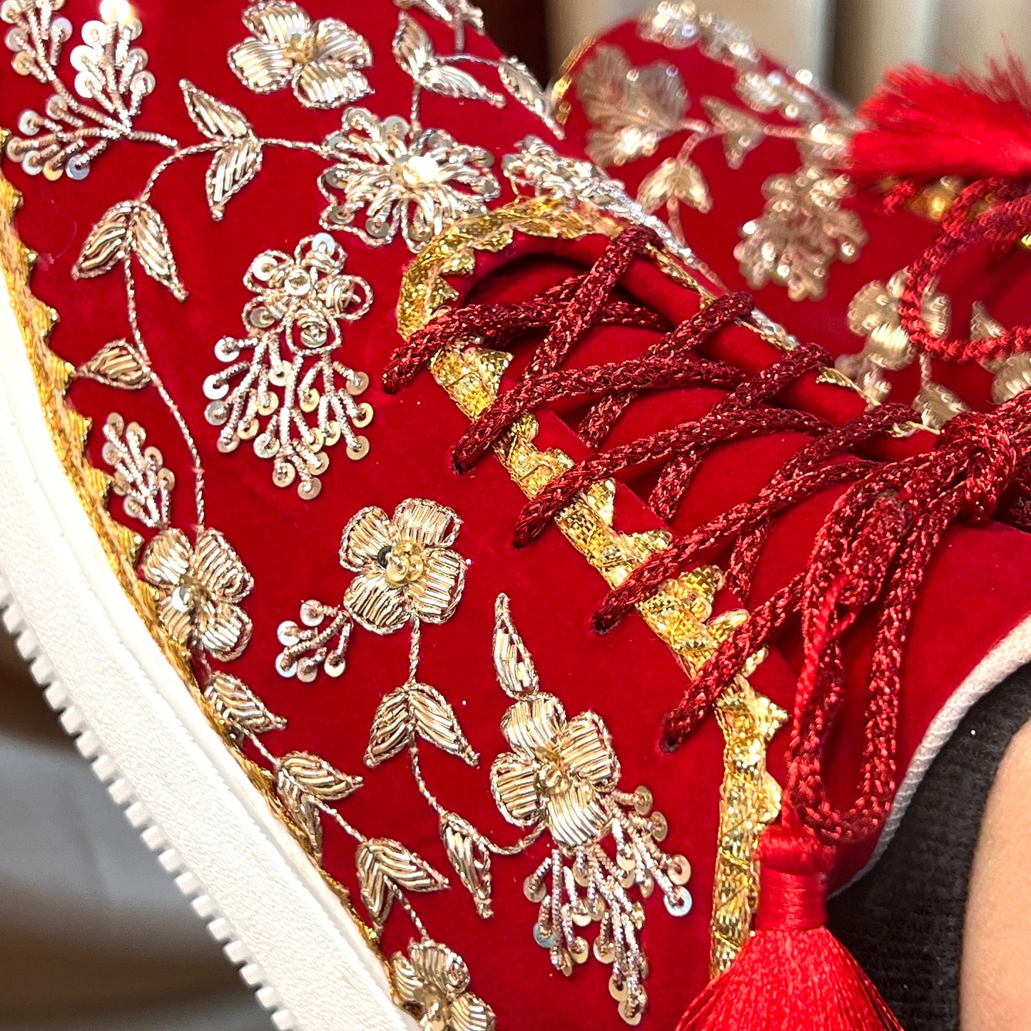 RED FLAT/Bridal Trainers/Sneakers/Indian/Pakistani/Asian Wedding/Heavily Embroidered/Lace Dance Shoes/Unique/Gift For Her/Hand Made Shoes/