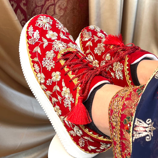 RED FLAT/Bridal Trainers/Sneakers/Indian/Pakistani/Asian Wedding/Heavily Embroidered/Lace Dance Shoes/Unique/Gift For Her/Hand Made Shoes/