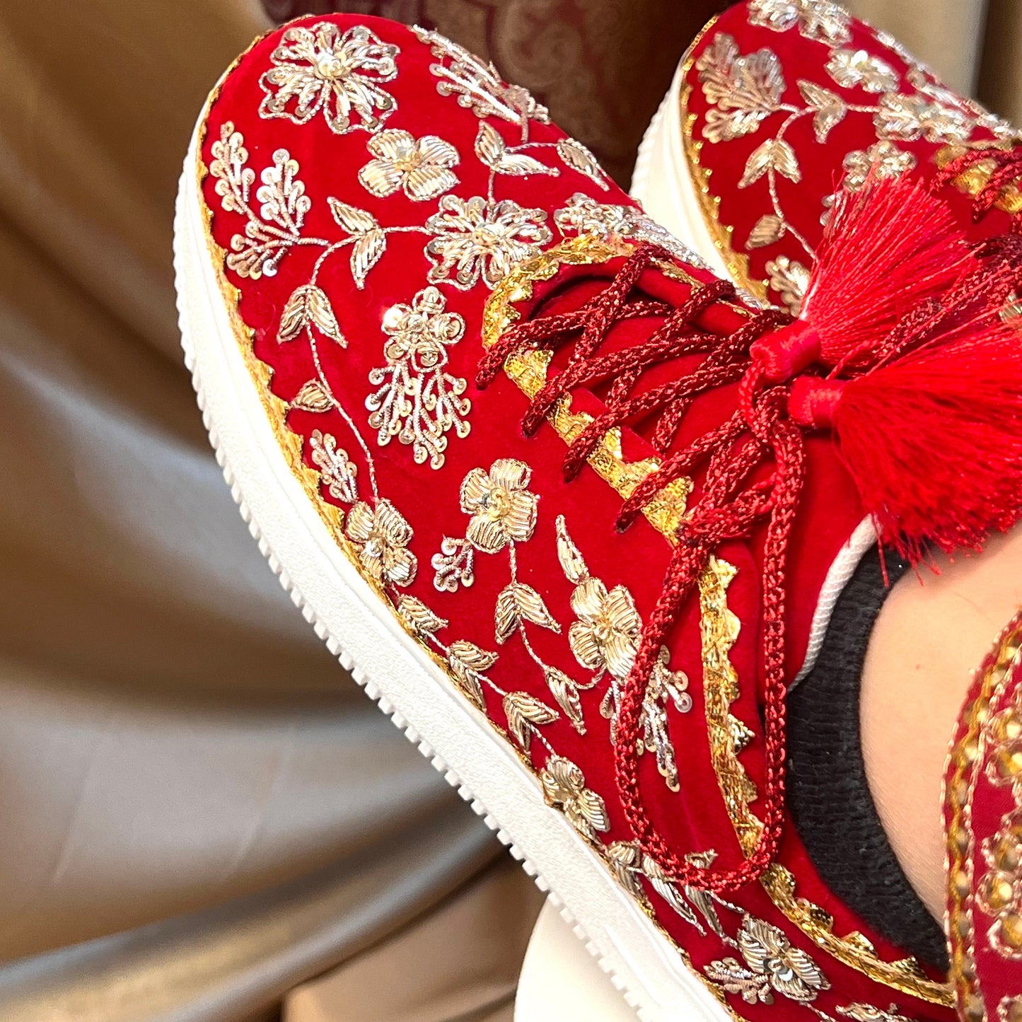 RED FLAT/Bridal Trainers/Sneakers/Indian/Pakistani/Asian Wedding/Heavily Embroidered/Lace Dance Shoes/Unique/Gift For Her/Hand Made Shoes/