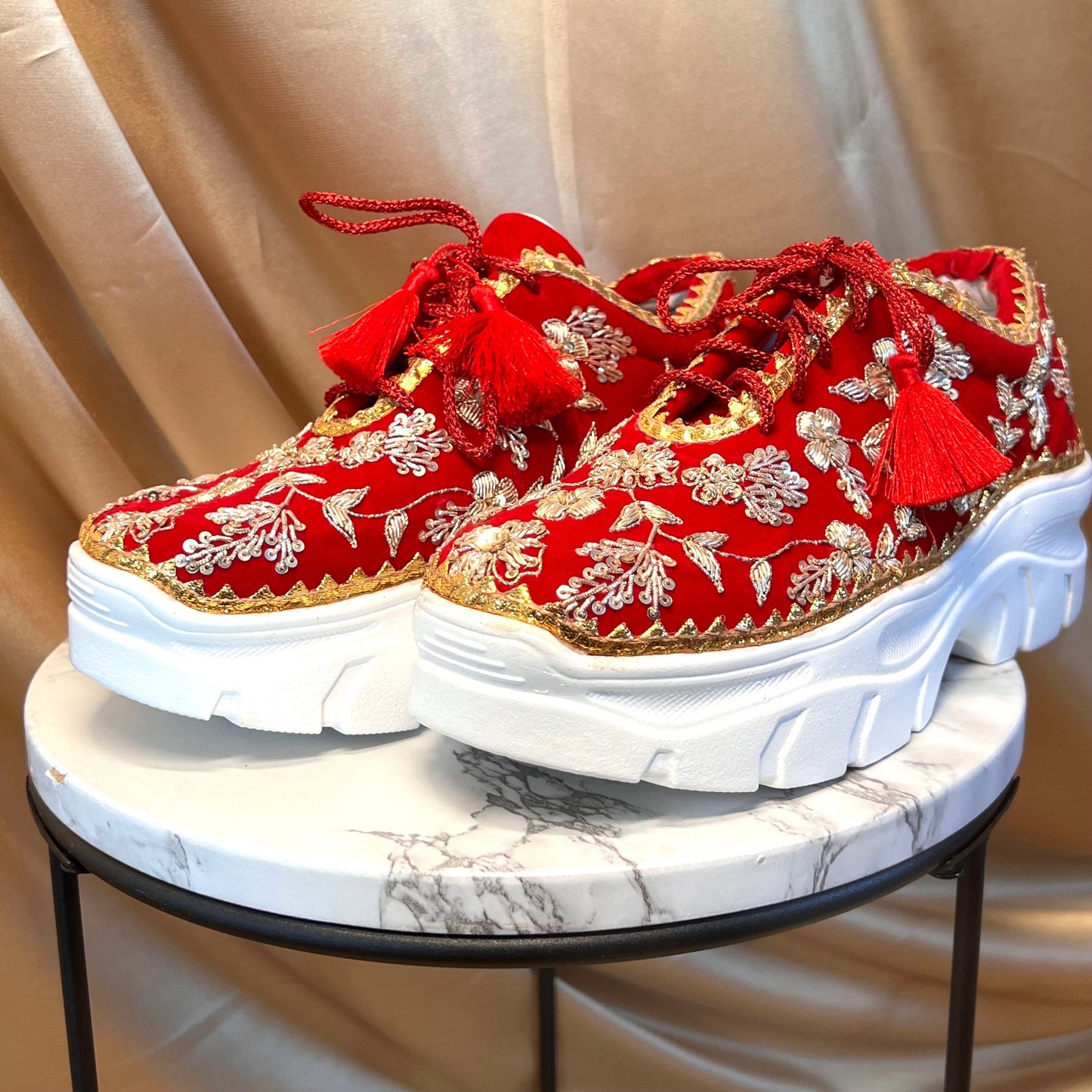 RED CHUNKY/Bridal Trainers/Sneakers/Indian/Pakistani/Asian Wedding/Heavily Embroidered/Lace Dance Shoes/Unique/Gift For Her/Hand Made Shoes/