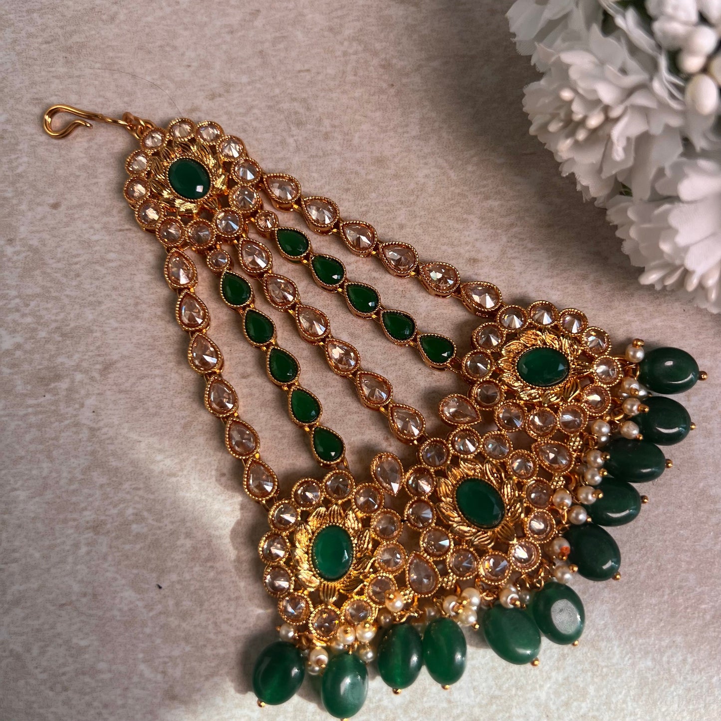 Jhumar/Green/Gold/Green Bead/Champagne zircon crystal/ Bright Gold/ Jhoomar / Passa/ Indian/ Pakistani Style/Head Piece