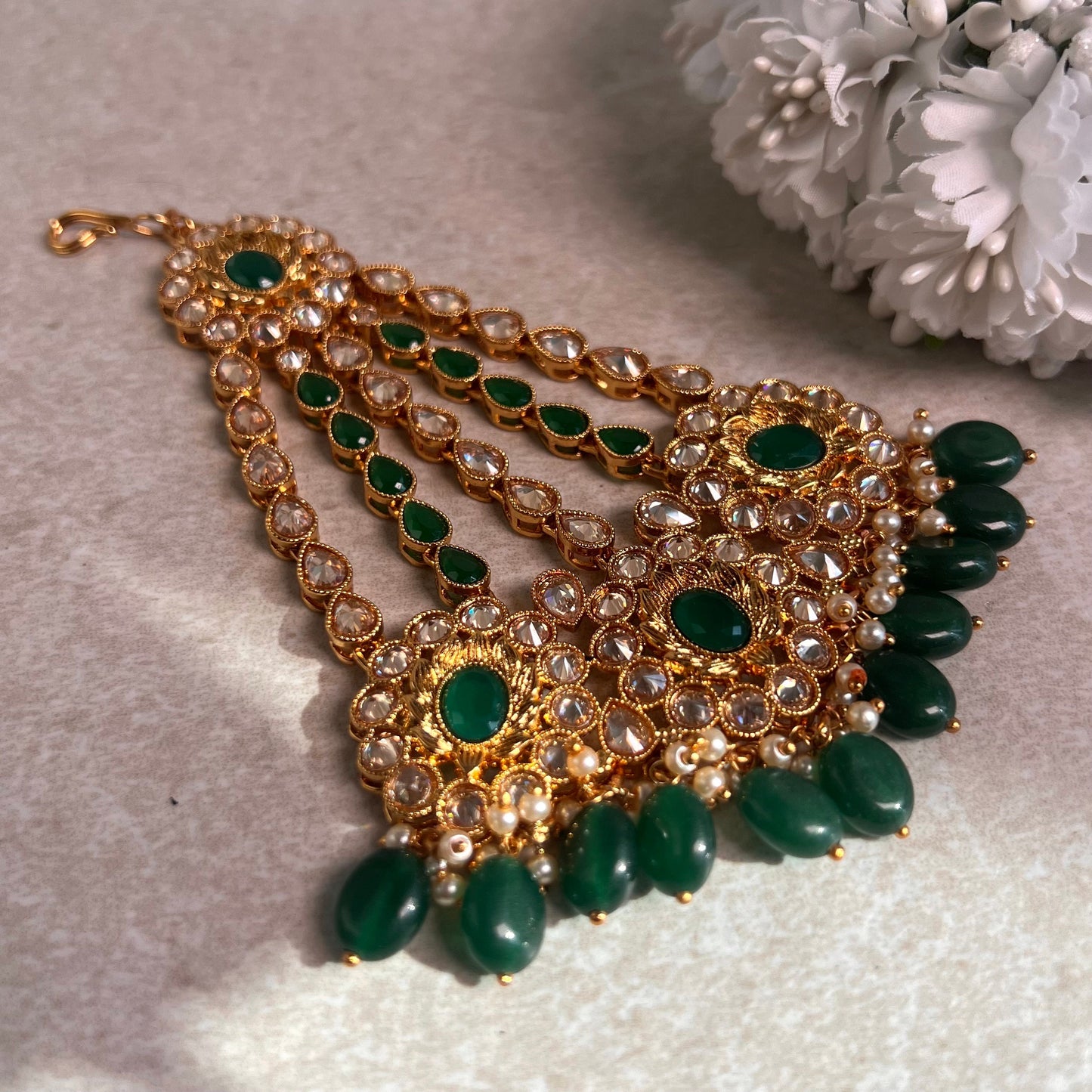 Jhumar/Green/Gold/Green Bead/Champagne zircon crystal/ Bright Gold/ Jhoomar / Passa/ Indian/ Pakistani Style/Head Piece
