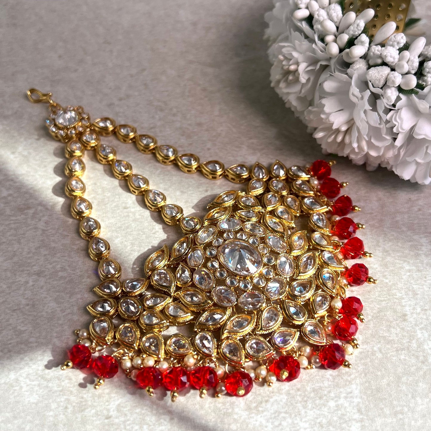 Jhumar/Red/Gold/Red Bead/Champagne zircon crystal/ Bright Gold/Faux Kundan/ Jhoomar / Passa/ Indian/ Pakistani Style/Head Piece