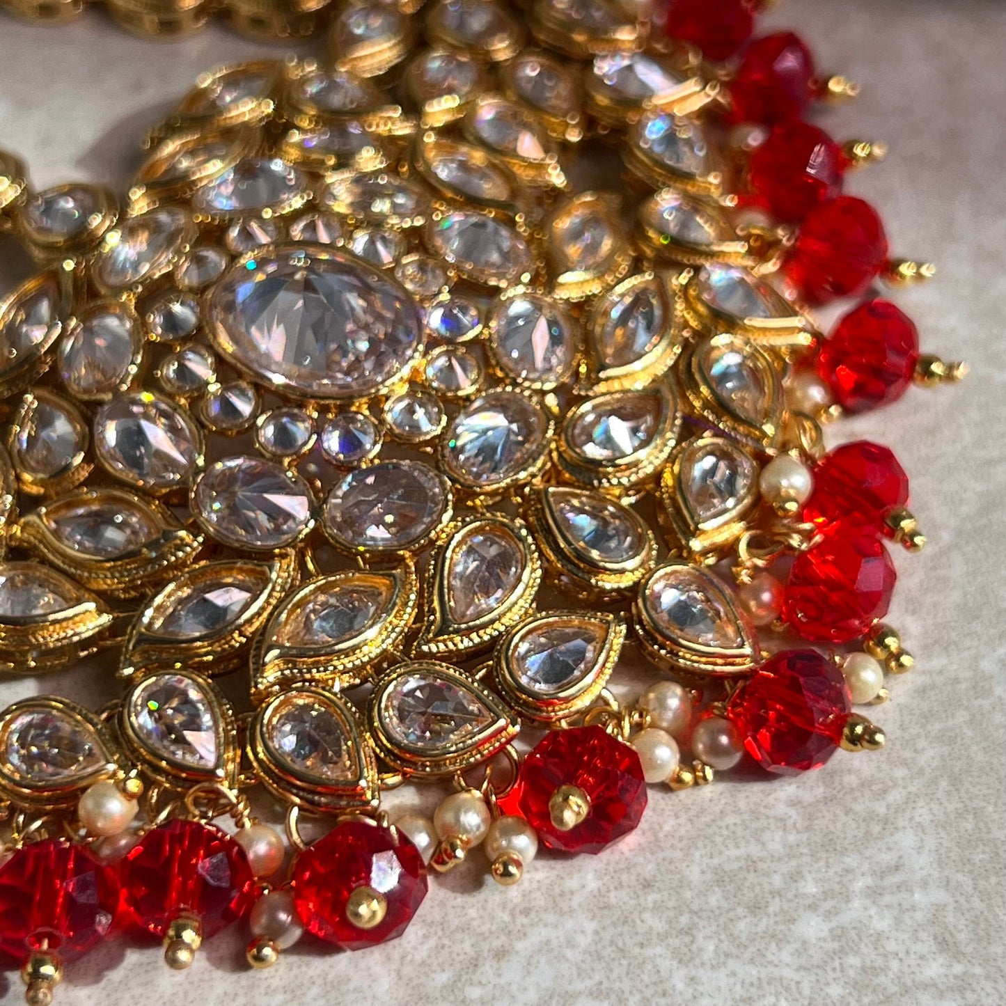 Jhumar/Red/Gold/Red Bead/Champagne zircon crystal/ Bright Gold/Faux Kundan/ Jhoomar / Passa/ Indian/ Pakistani Style/Head Piece