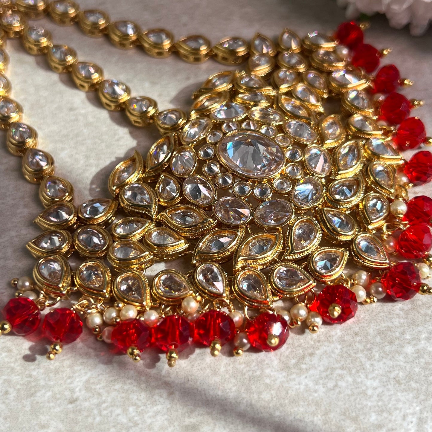 Jhumar/Red/Gold/Red Bead/Champagne zircon crystal/ Bright Gold/Faux Kundan/ Jhoomar / Passa/ Indian/ Pakistani Style/Head Piece