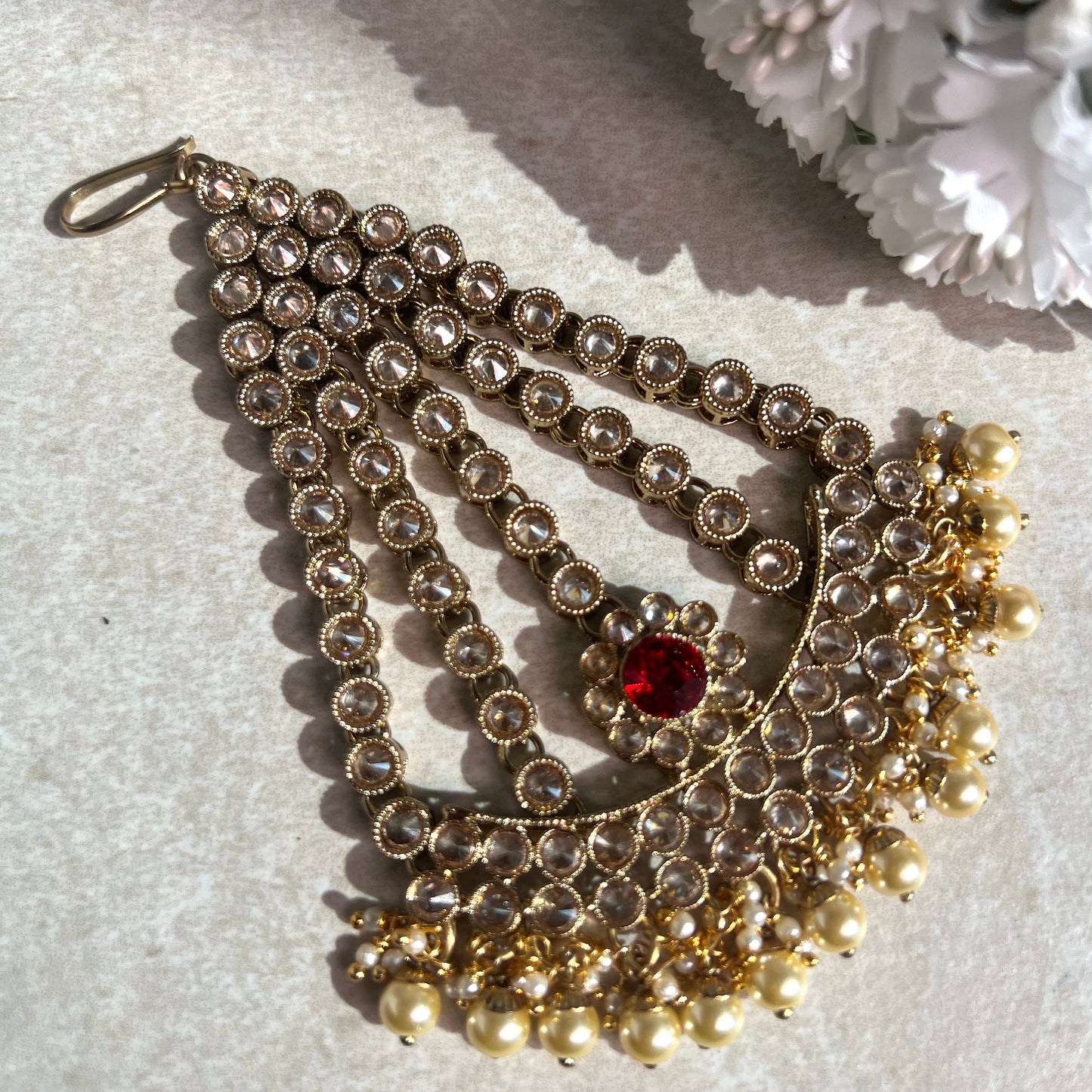 Jhumar/Red/Gold/Red Stone/Champagne zircon crystal/ Pearl/ Jhoomar / Passa/ Indian/ Pakistani Style/Head Piece