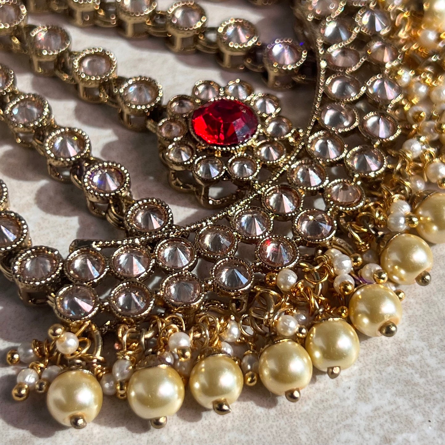 Jhumar/Red/Gold/Red Stone/Champagne zircon crystal/ Pearl/ Jhoomar / Passa/ Indian/ Pakistani Style/Head Piece