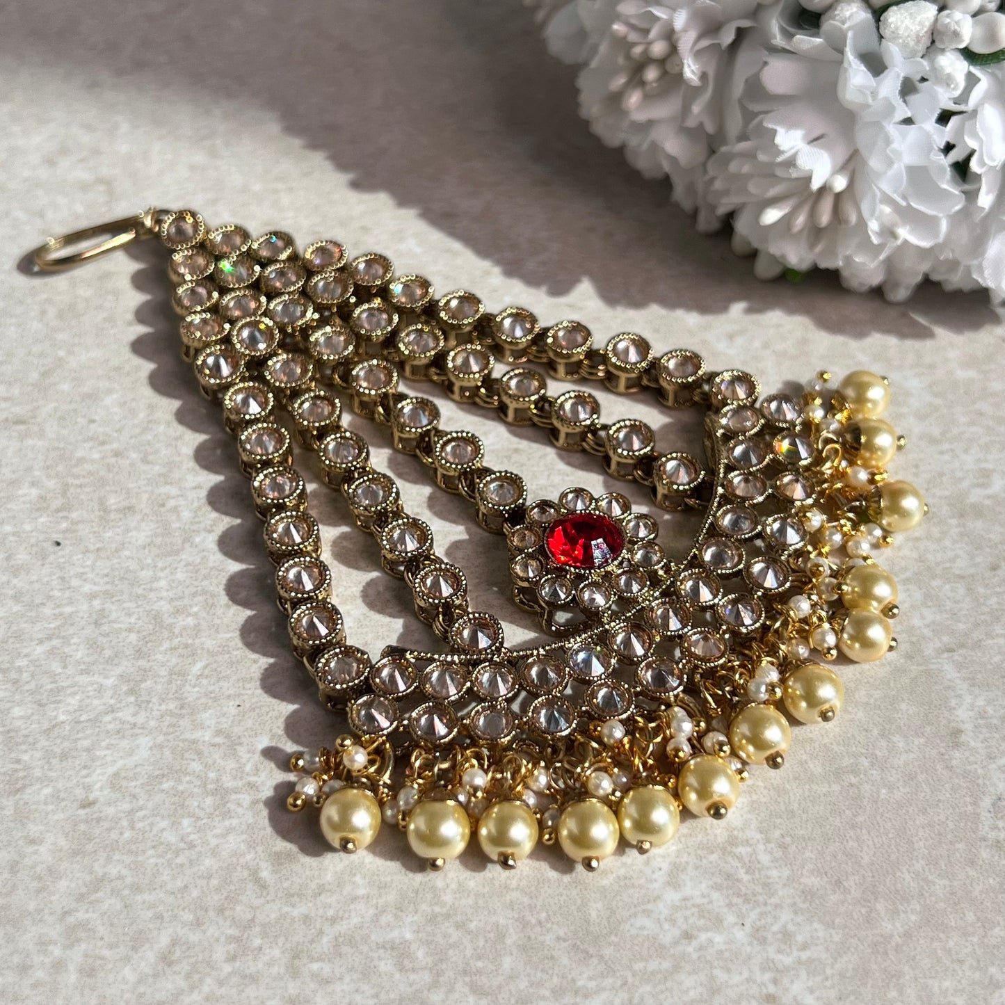 Jhumar/Red/Gold/Red Stone/Champagne zircon crystal/ Pearl/ Jhoomar / Passa/ Indian/ Pakistani Style/Head Piece