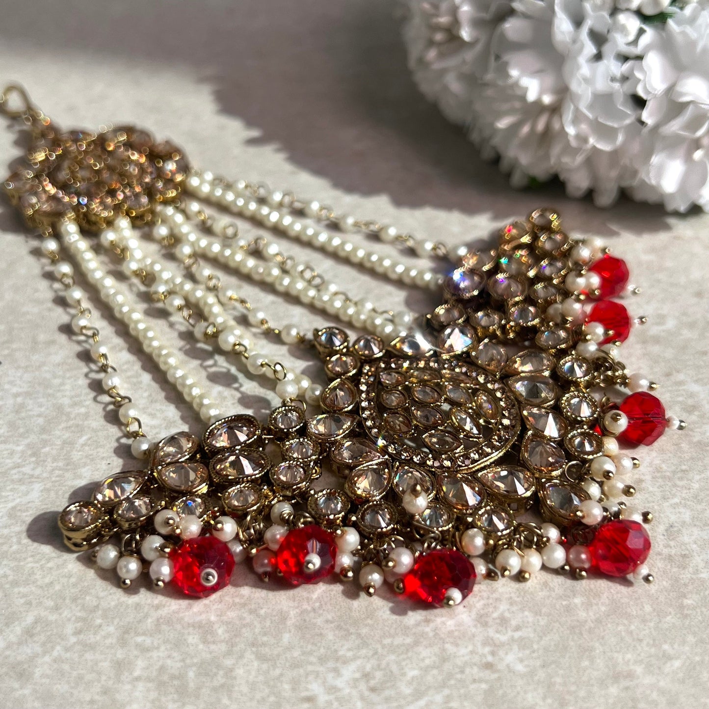 Jhumar/Red/Gold/Red Stone/Champagne zircon crystal/ Pearl/ Jhoomar / Passa/ Indian/ Pakistani Style/Head Piece