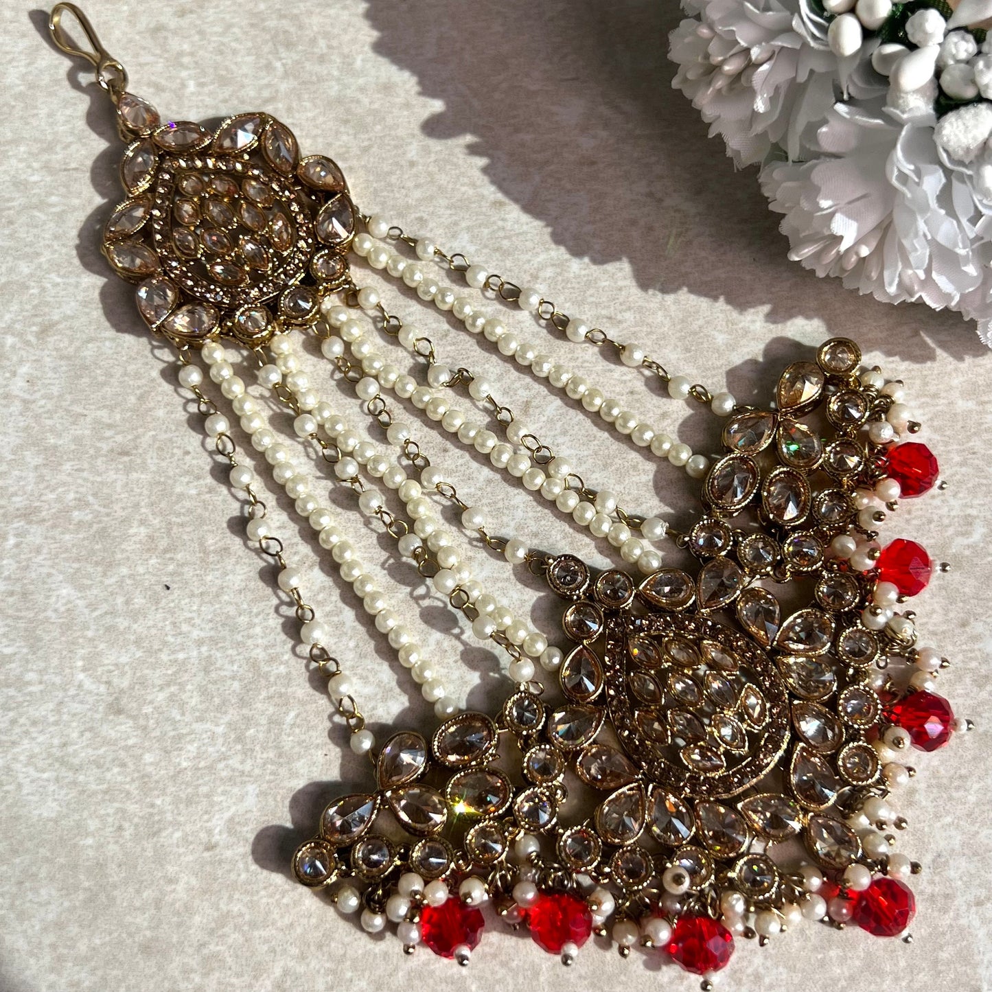 Jhumar/Red/Gold/Red Stone/Champagne zircon crystal/ Pearl/ Jhoomar / Passa/ Indian/ Pakistani Style/Head Piece