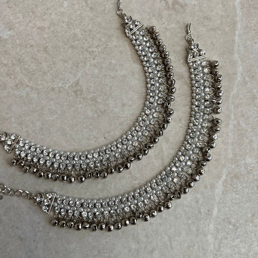 Anklets Silver Rhinstone/ Bell Detail /Indian/ Pakistani Style Jhanjra/ Foot Accessory