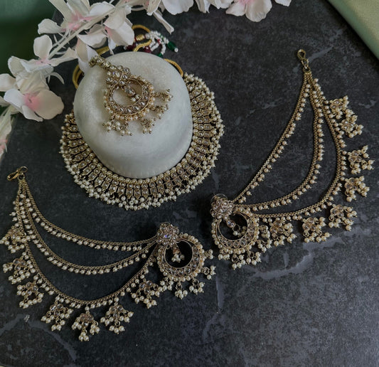 Crystal Golden Choker Set Earring/ Tikka/ Tikli/ Indian/ Pakistani/Fashion Jewellery/ Gift for Women