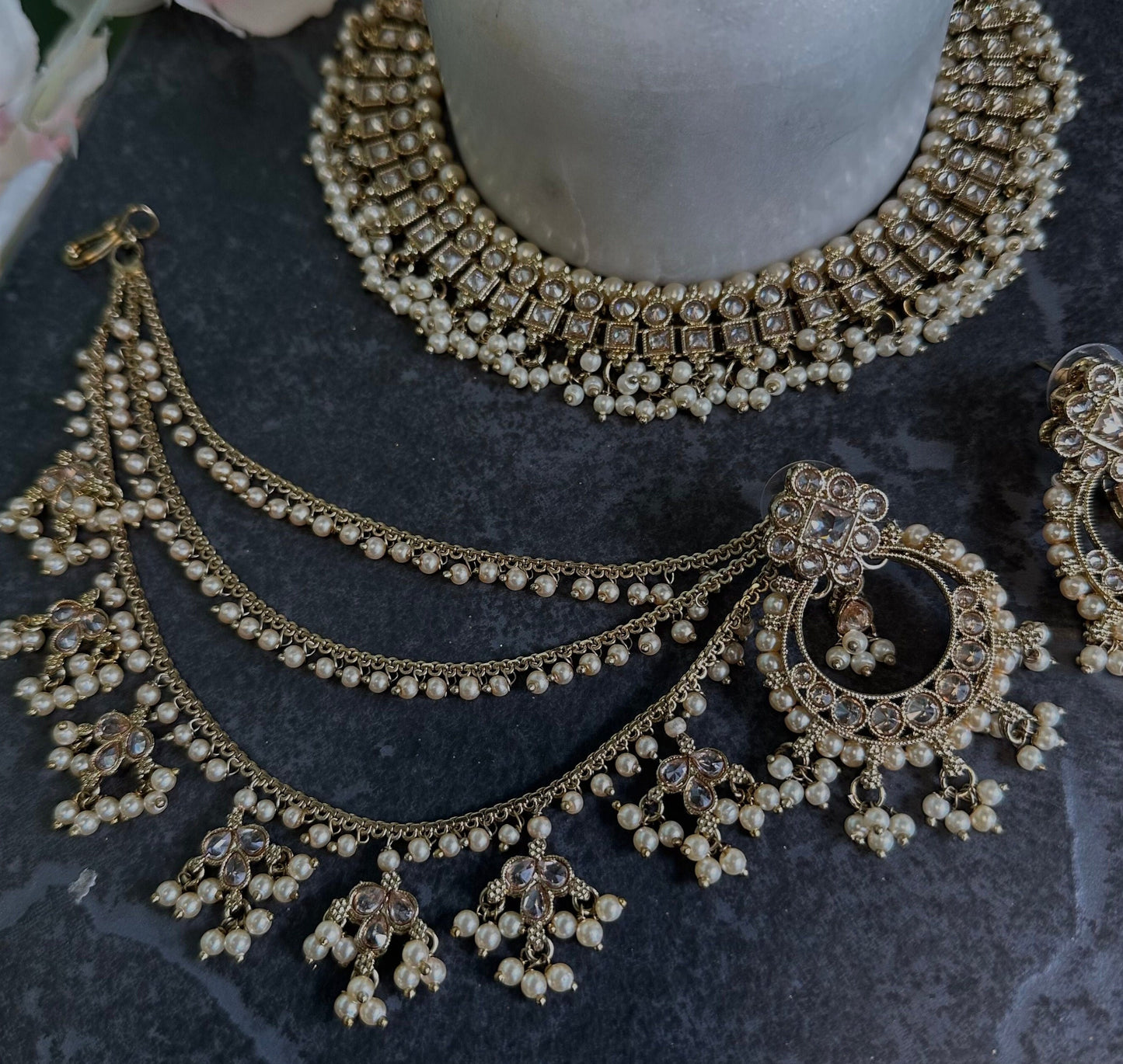 Crystal Golden Choker Set Earring/ Tikka/ Tikli/ Indian/ Pakistani/Fashion Jewellery/ Gift for Women