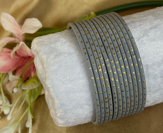 Grey Matte Gold Dot Single Bangles - Set of 12 - Indian Bangles/Braclets/Matte Bangles/Indian & Pakistani Jewellery