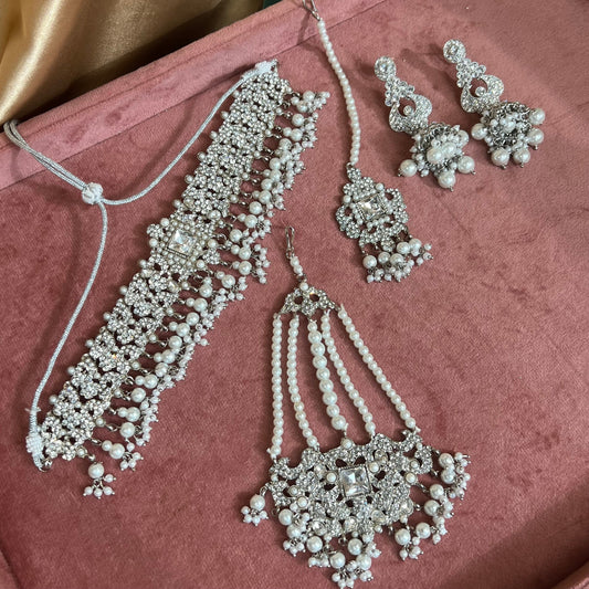 Bridal Silver Choker complete with Jhumar Earring/ Tikka/ Tikli/ Indian/ Pakistani/Fashion Jewellery/ Gift for Women