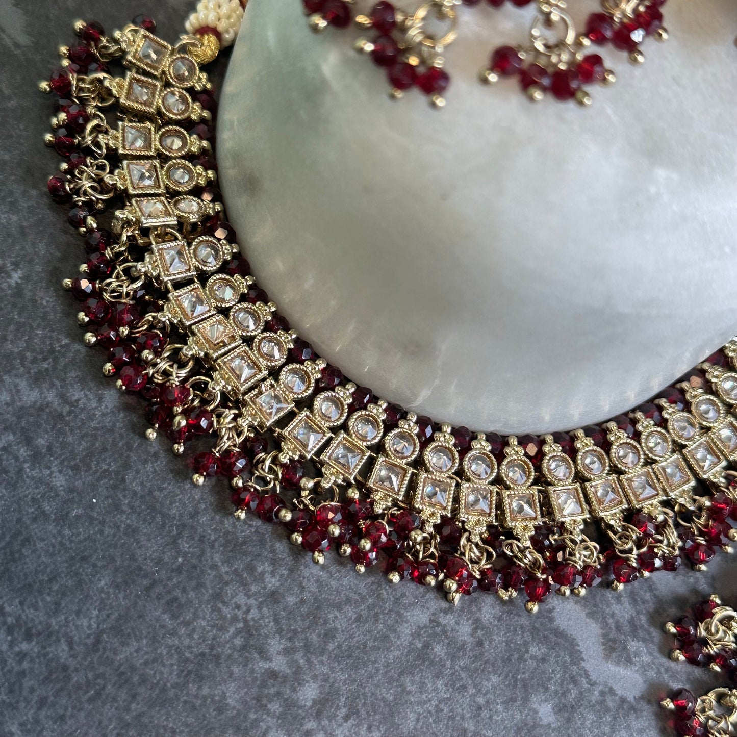 Maroon Crystal Choker Set Earring/ Tikka/ Tikli/ Indian/ Pakistani/Fashion Jewellery/ Gift for Women