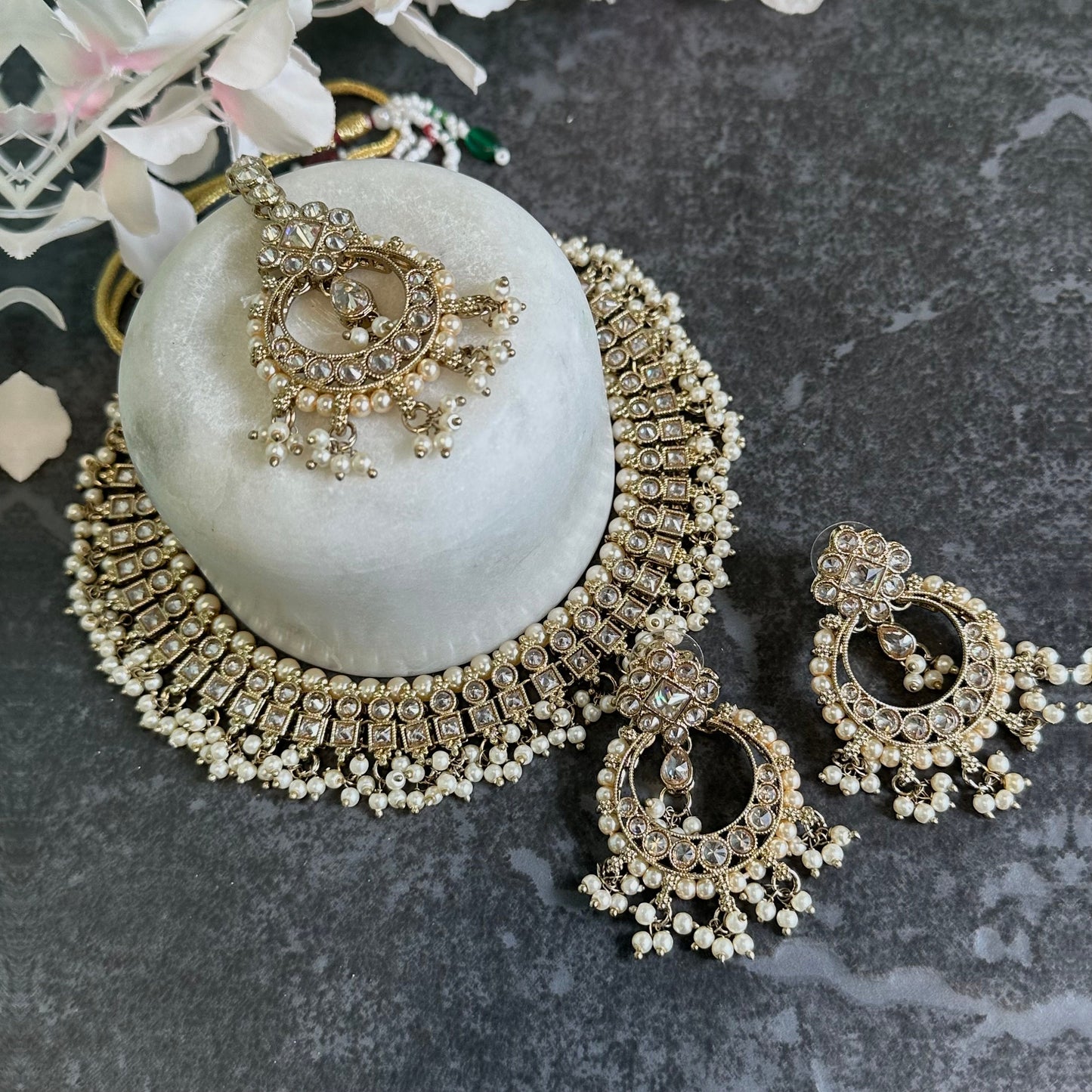 Gold Crystal Choker Set Earring/ Tikka/ Tikli/ Indian/ Pakistani/Fashion Jewellery/ Gift for Women