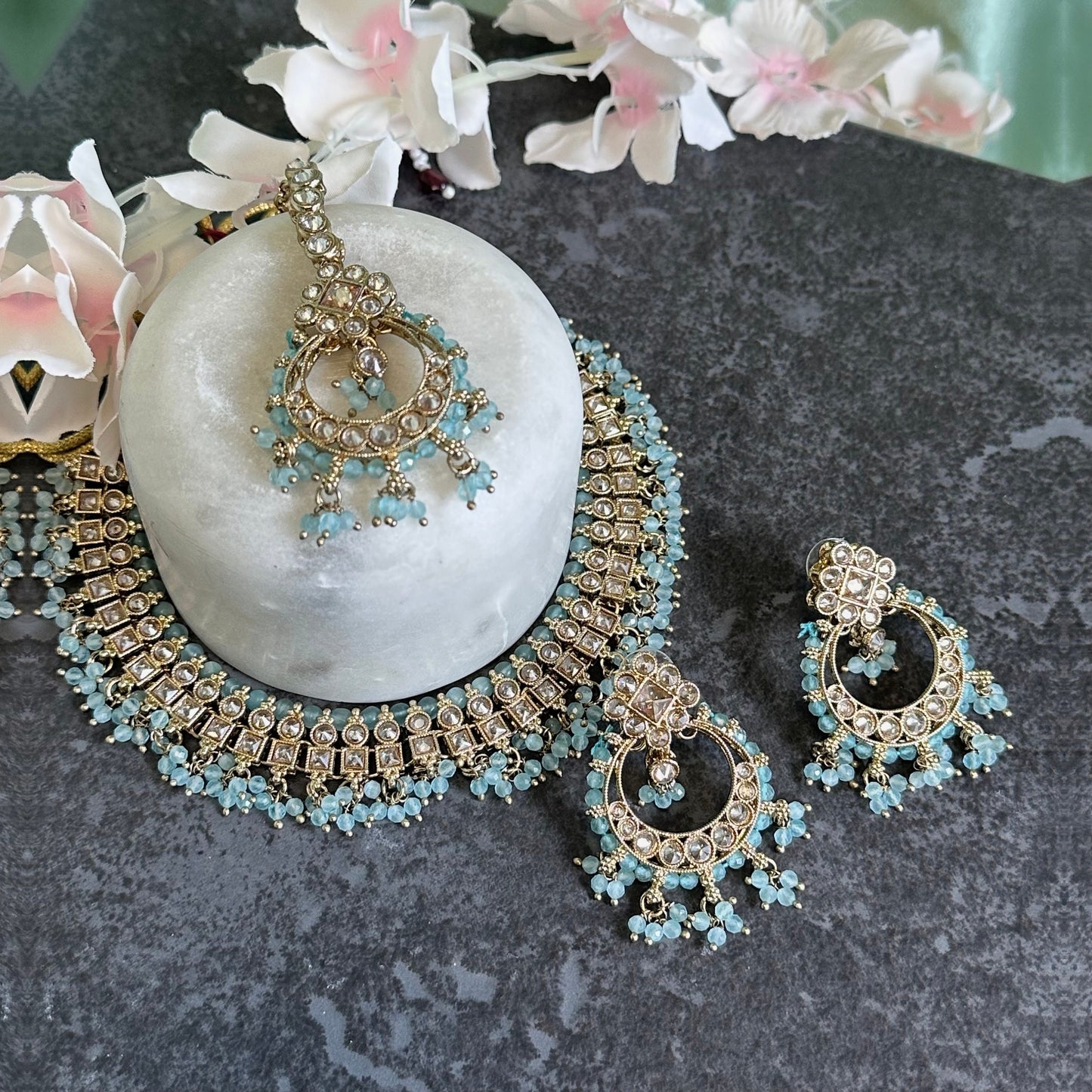Crystal Indian Choker Set - Sky Blue/ Unique Style/ Indian/ Pakistani/Fashion Jewellery/ Gift for Women