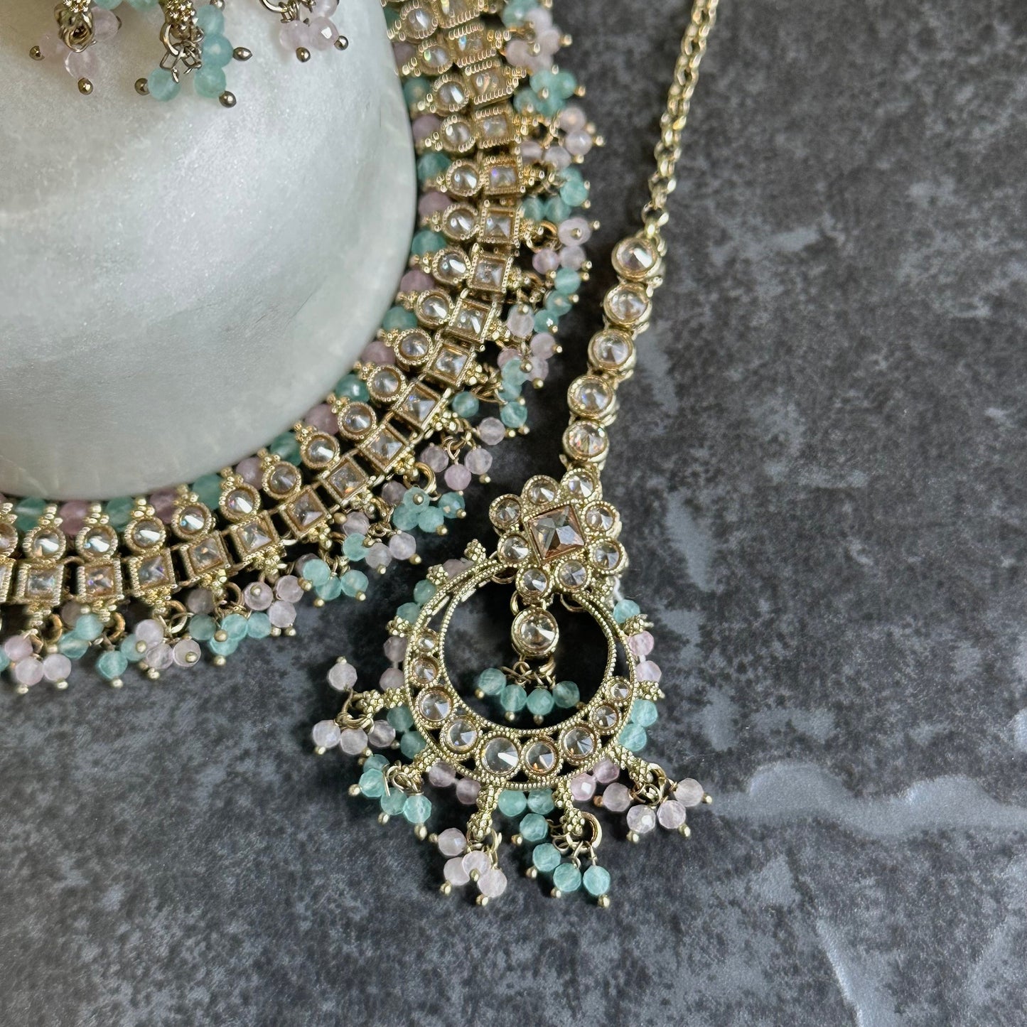 Pastels Crystal Choker Set Earring/ Tikka/ Tikli/ Indian/ Pakistani/Fashion Jewellery/ Gift for Women