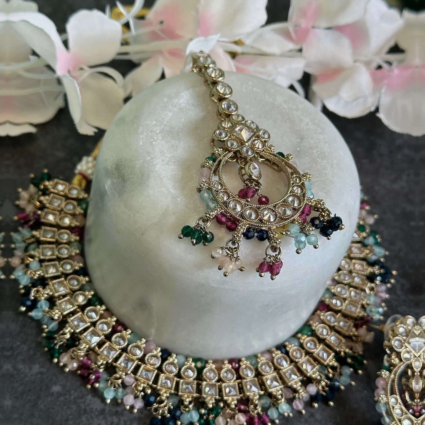 Multicolour Crystal Choker Set Earring/ Tikka/ Tikli/ Indian/ Pakistani/Fashion Jewellery/ Gift for Women