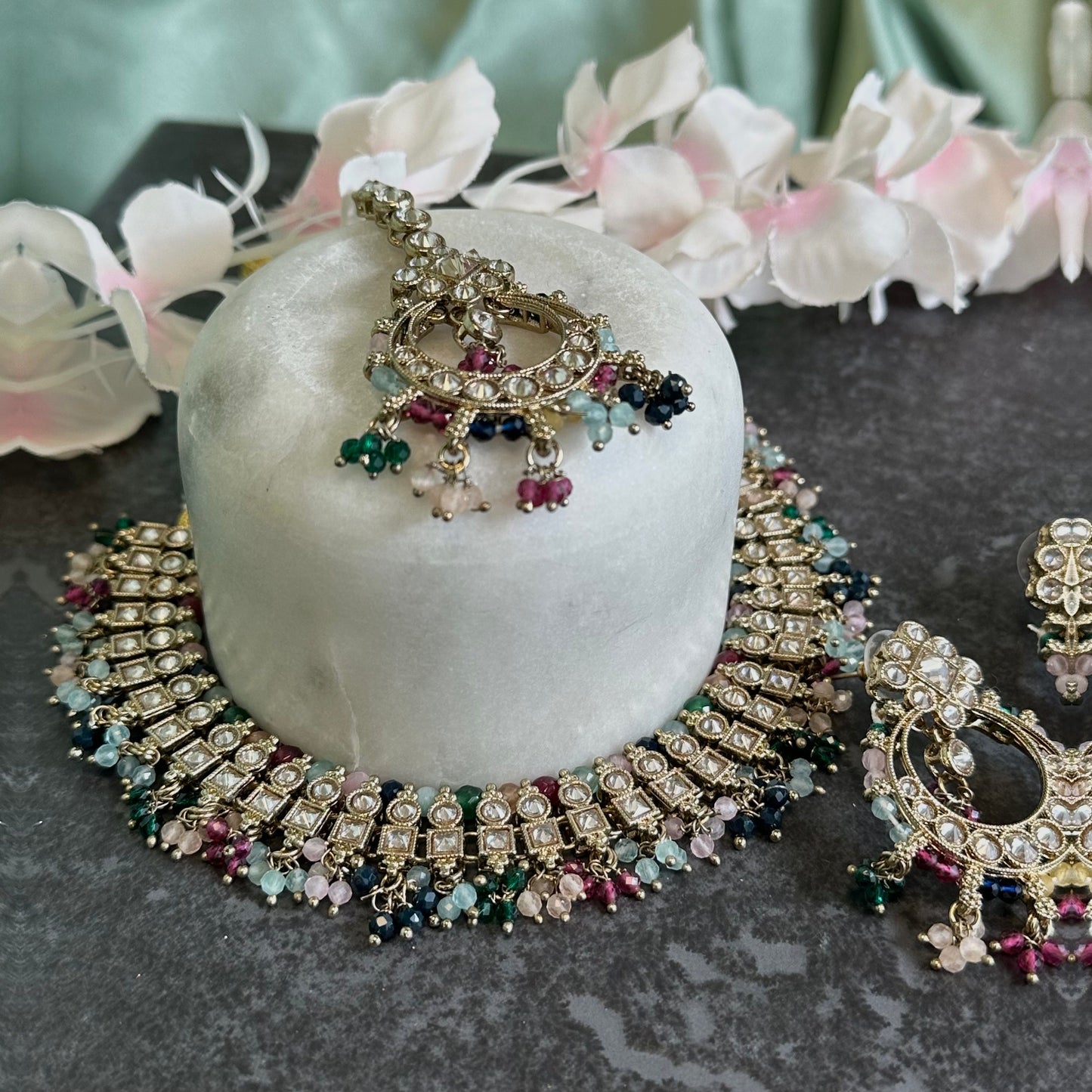 Multicolour Crystal Choker Set Earring/ Tikka/ Tikli/ Indian/ Pakistani/Fashion Jewellery/ Gift for Women