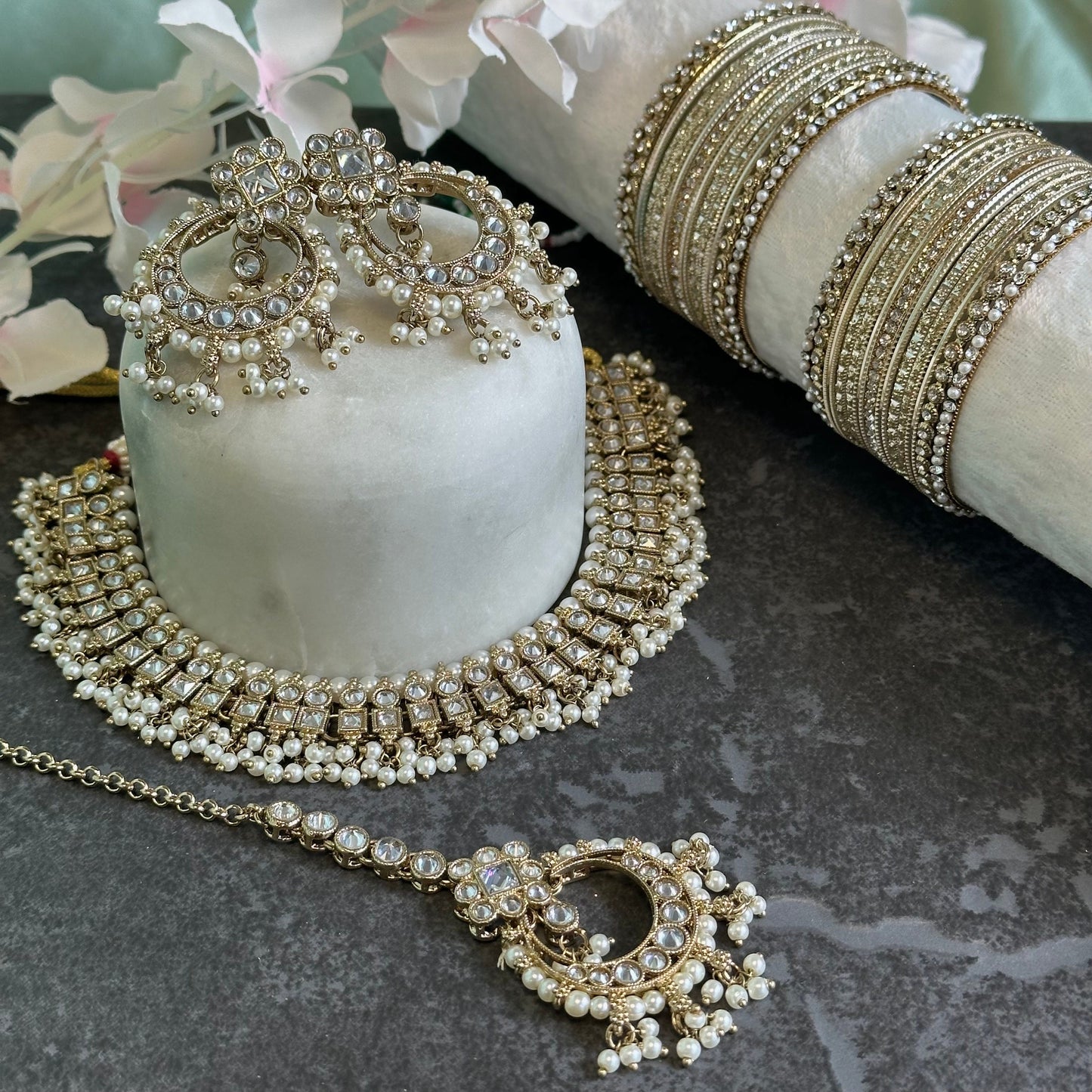 Clear Crystal Choker & Small Bangle Set/Earring/Tikka/ Gift for wome/Indian/ Pakistani/Fashion Jewellery/Valentines gifts