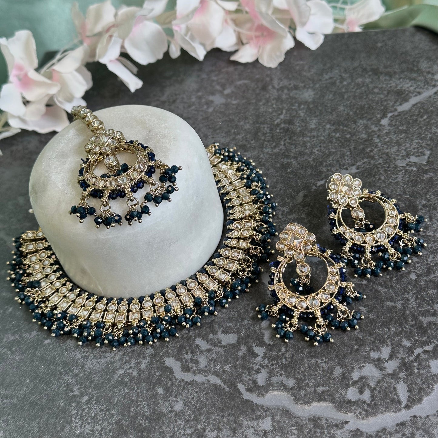 Crystal Indian Choker Set - Navy Earring/ Tikka/ Tikli/ Indian/ Pakistani/Fashion Jewellery/ Gift for Women