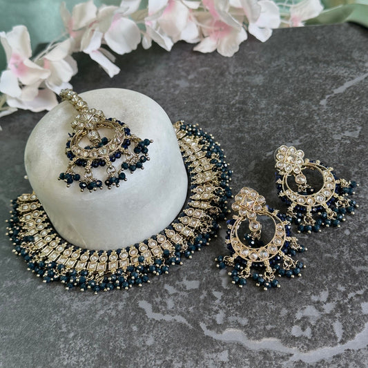 Crystal Indian Choker Set - Navy Earring/ Tikka/ Tikli/ Indian/ Pakistani/Fashion Jewellery/ Gift for Women