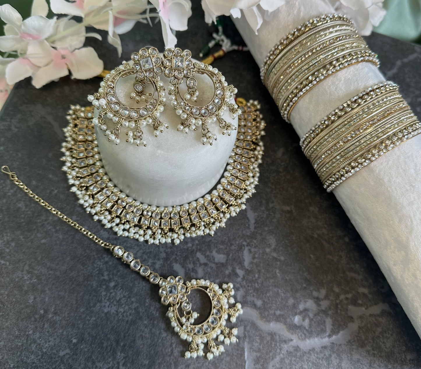 Clear Crystal Choker & Small Bangle Set/Earring/Tikka/ Gift for wome/Indian/ Pakistani/Fashion Jewellery/Valentines gifts