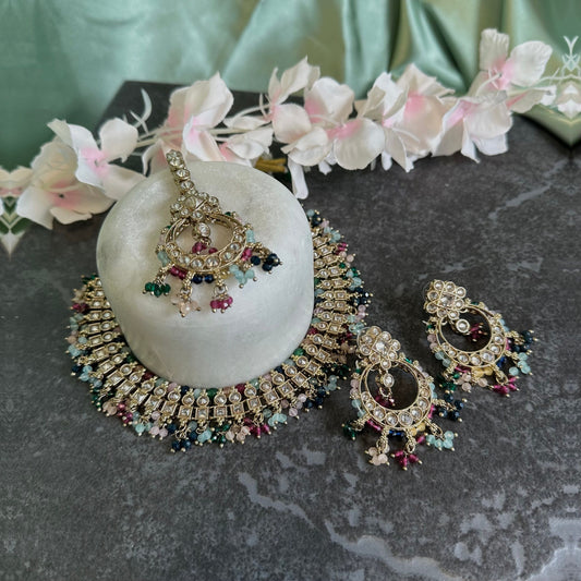 Multicolour Crystal Choker Set Earring/ Tikka/ Tikli/ Indian/ Pakistani/Fashion Jewellery/ Gift for Women