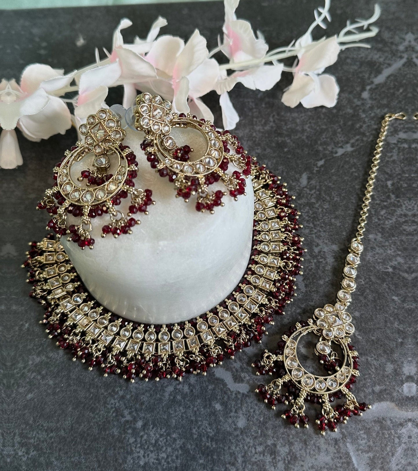 Maroon Crystal Choker Set Earring/ Tikka/ Tikli/ Indian/ Pakistani/Fashion Jewellery/ Gift for Women