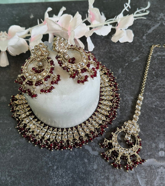 Maroon Crystal Choker Set Earring/ Tikka/ Tikli/ Indian/ Pakistani/Fashion Jewellery/ Gift for Women