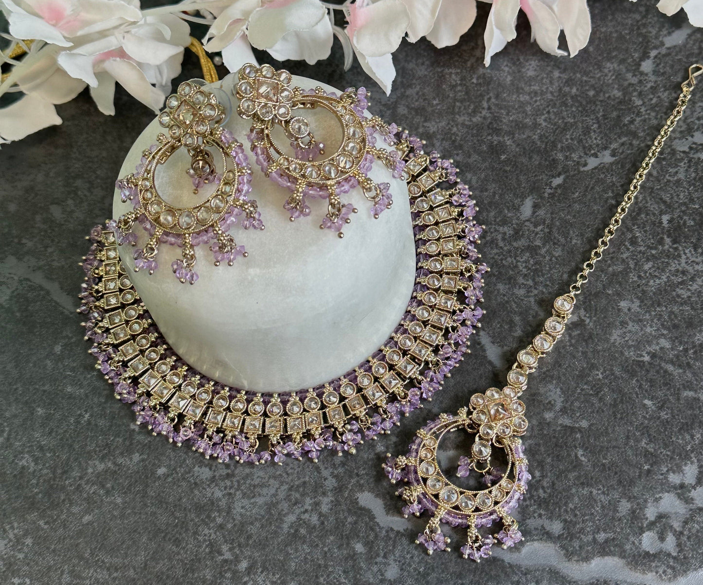 Crystal Indian Choker Set - Lilac Earring/ Tikka/ Tikli/ Indian/ Pakistani/Fashion Jewellery/ Gift for Women