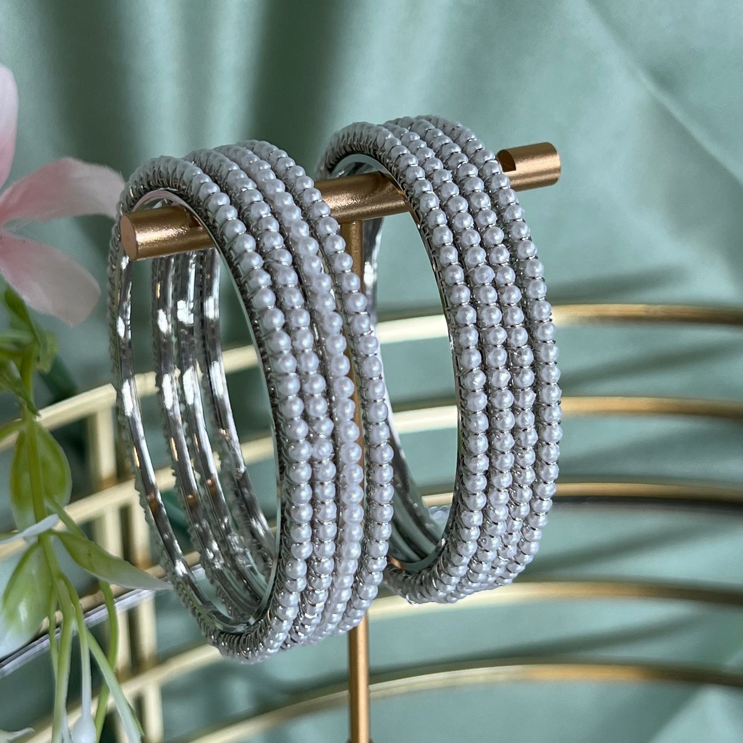 Set of 4 Silver Pearl 2.2 Bangle Set/Indian/ Pakistani/Jewelley/ Fashion Bracelet