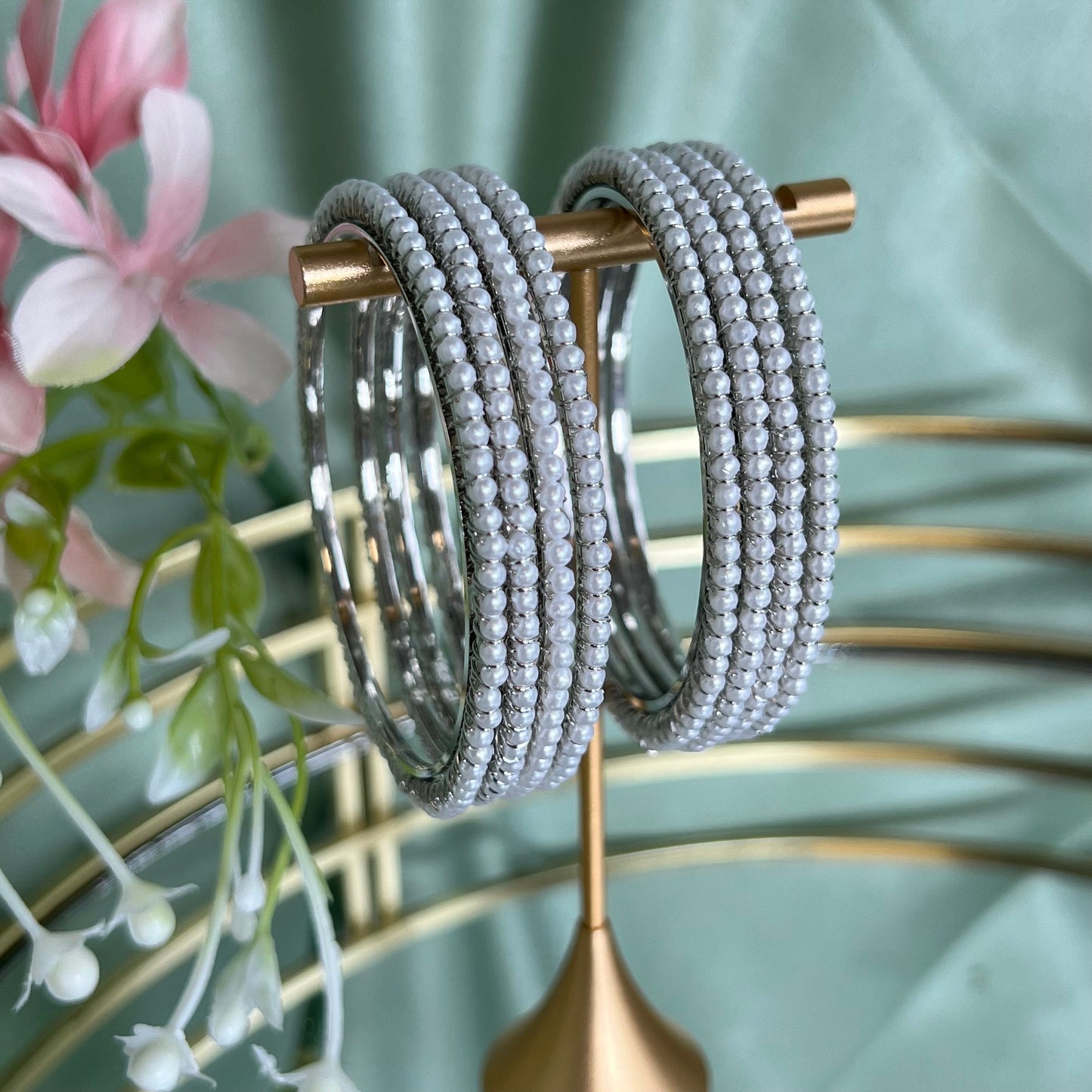 Set of 4 Silver Pearl 2.2 Bangle Set/Indian/ Pakistani/Jewelley/ Fashion Bracelet