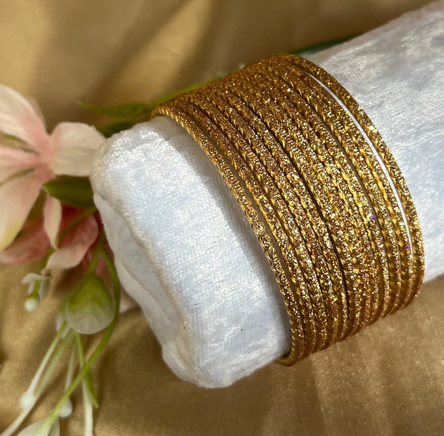 Golden Glitter Single Bangles - Set of 12 - Indian Bangles/Braclets/Indian & Pakistani Jewellery