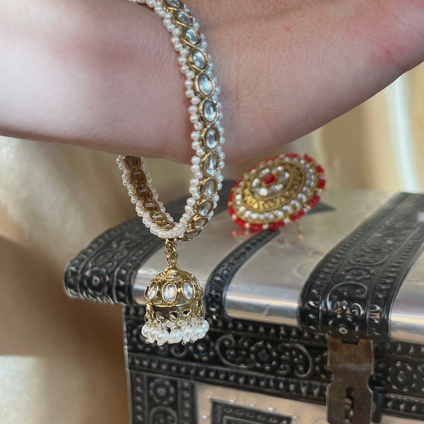 Clear Faux Kundan Pearl Jhumka Bangle X 4/Indian/ Pakistani/Jewelley/ Fashion Bracelet