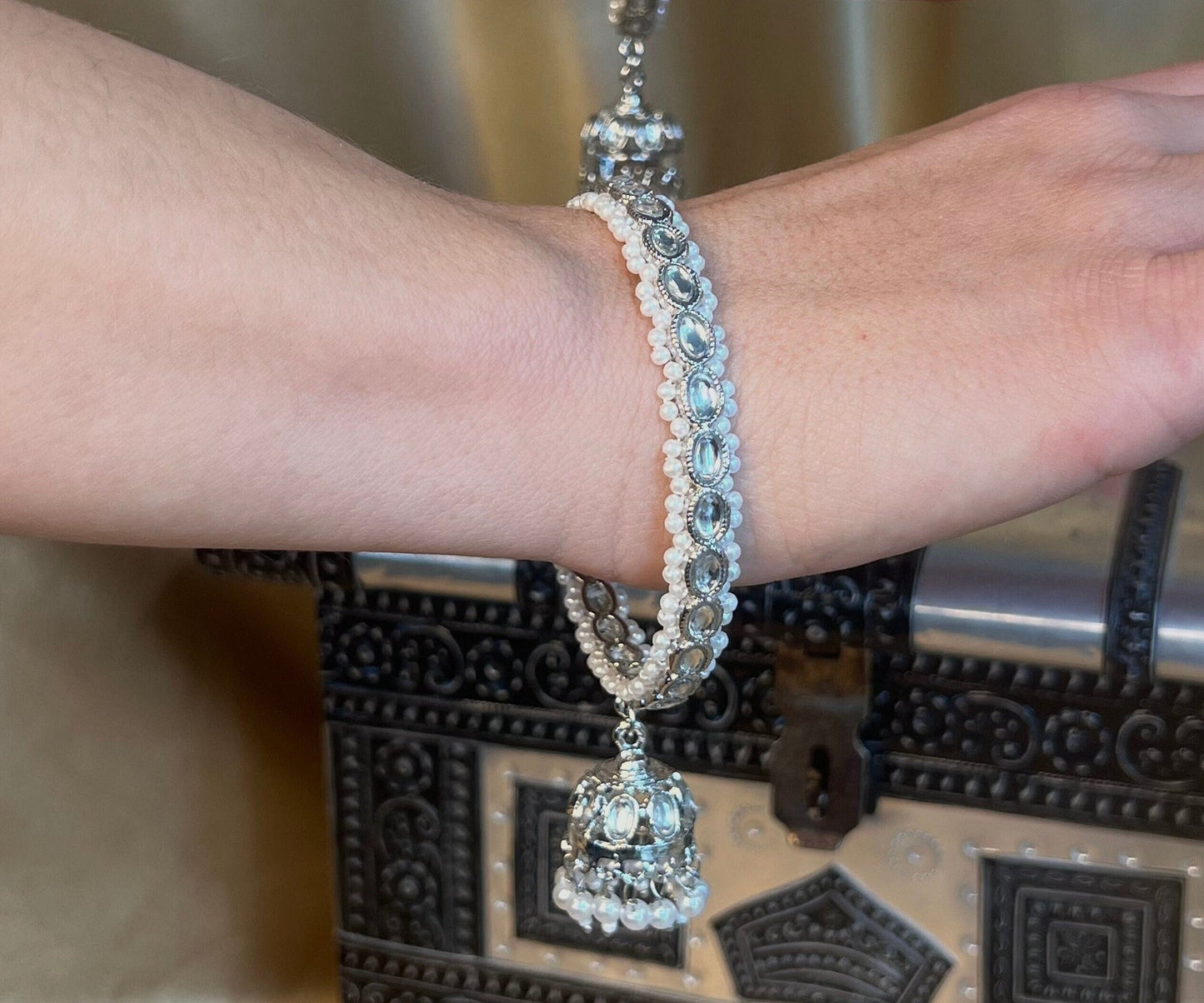 Silver Kundan Pearl Jhumka Bangle X 4/Indian/ Pakistani/Jewelley/ Fashion Bracelet