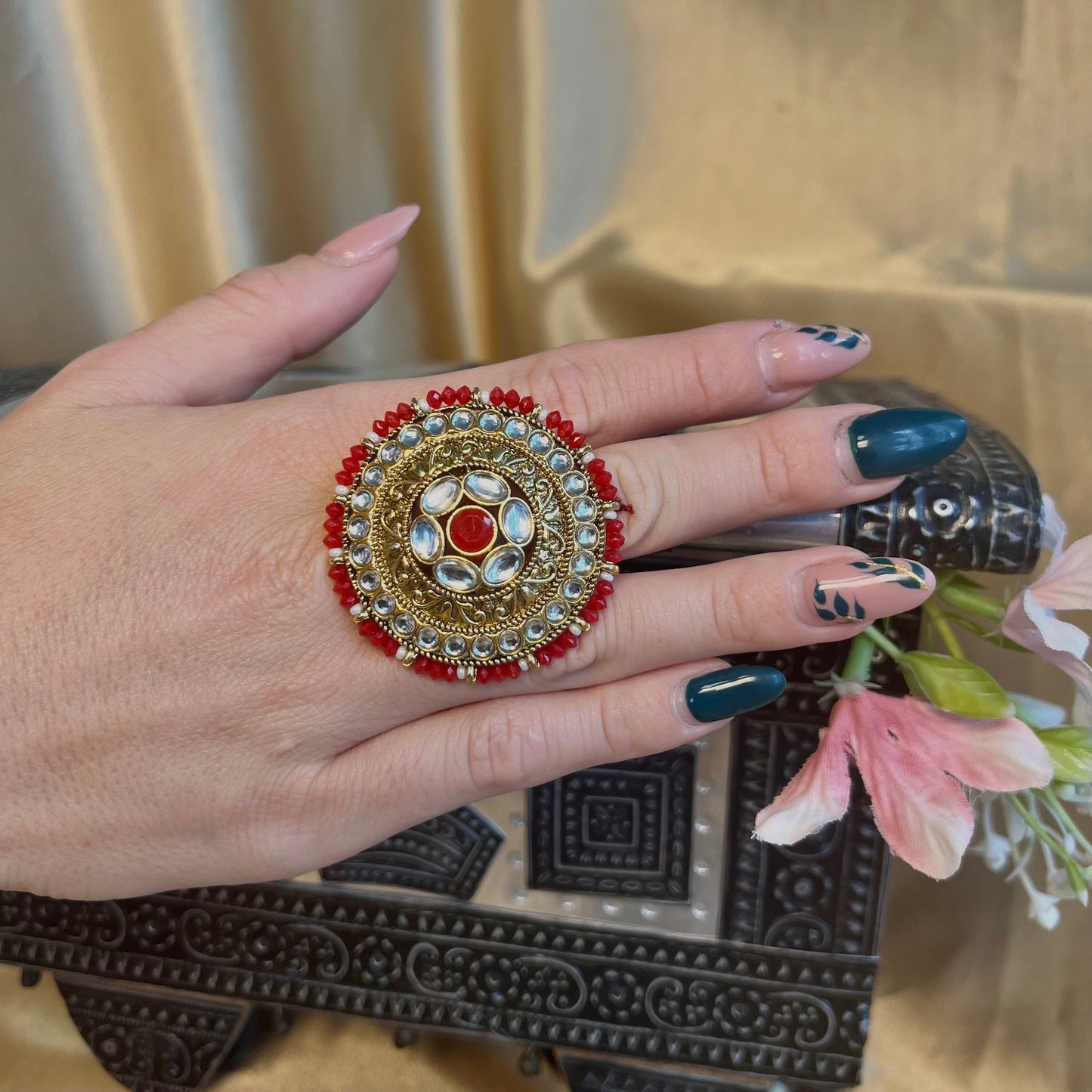 Large Red Faux Kundan Ring/ Fashion Jewellery/ Gift for Women/Indian/Pakistani style