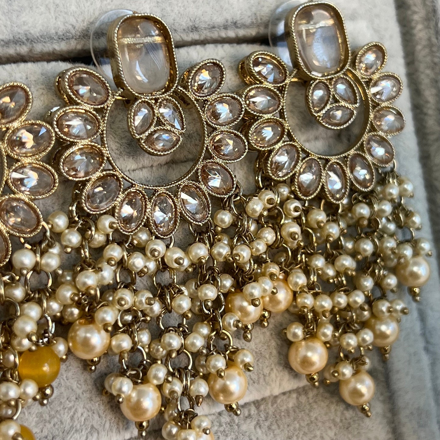 Champagne Pearl/ Long Crystal Earrings/ Fashion Jewellery/ Gift for Women/Indian/ Pakistani Style