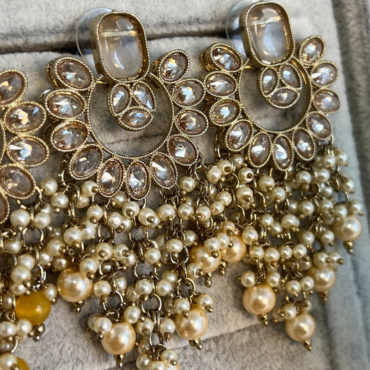 Champagne Pearl/ Long Crystal Earrings/ Fashion Jewellery/ Gift for Women/Indian/ Pakistani Style