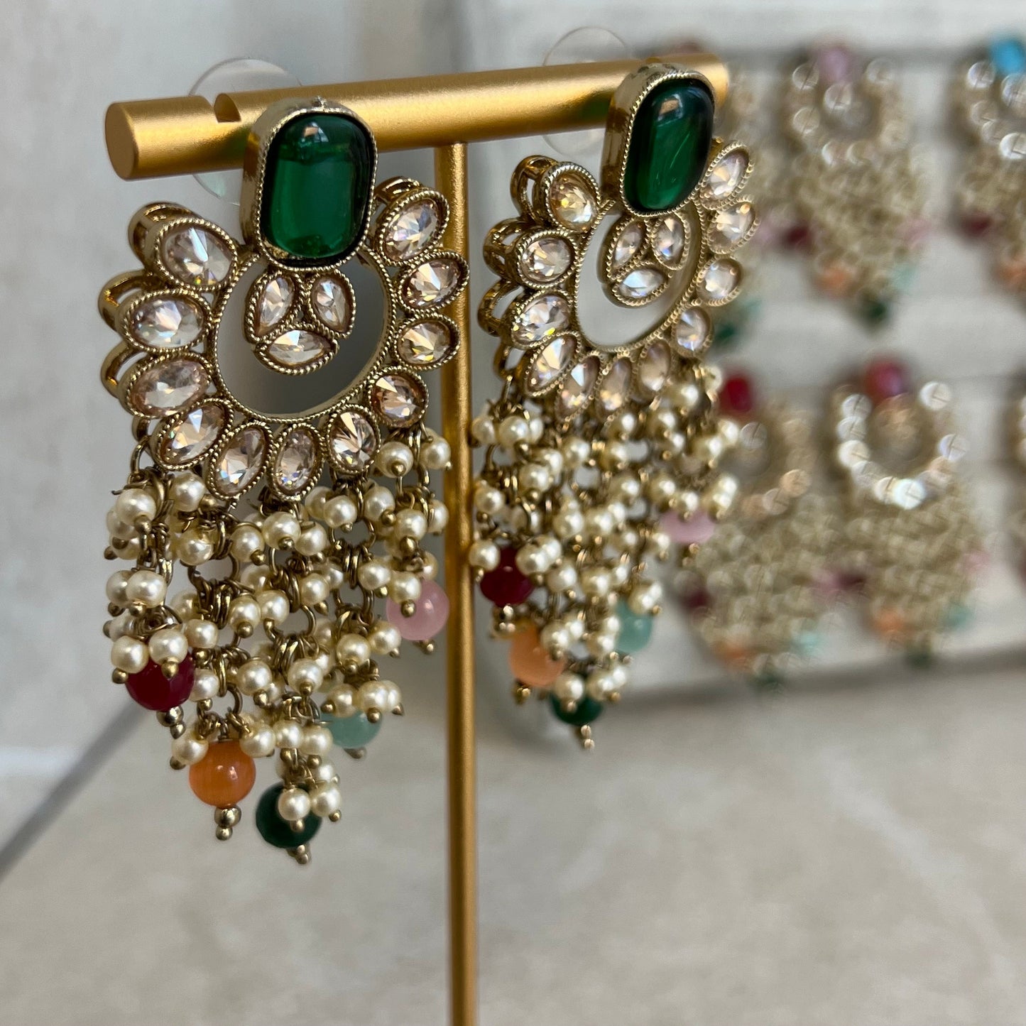 Green Multicolour Crystal Earrings/ Fashion Jewellery/ Gift for Women/Indian/Pakistani style/ Mendhi Party/ Haldi/ Colourful